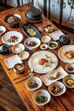 Korean food served with traditional side dishes