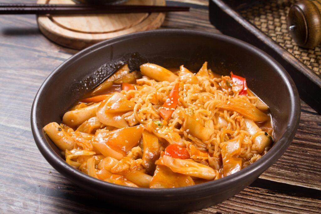 Traditional Korean Tteokbokki with spicy rice cakes in gochujang sauce