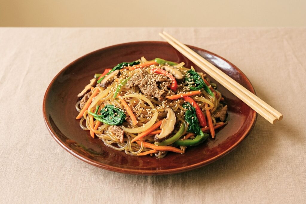 Traditional Korean Japchae made with sweet potato glass noodles, vegetables, and beef
