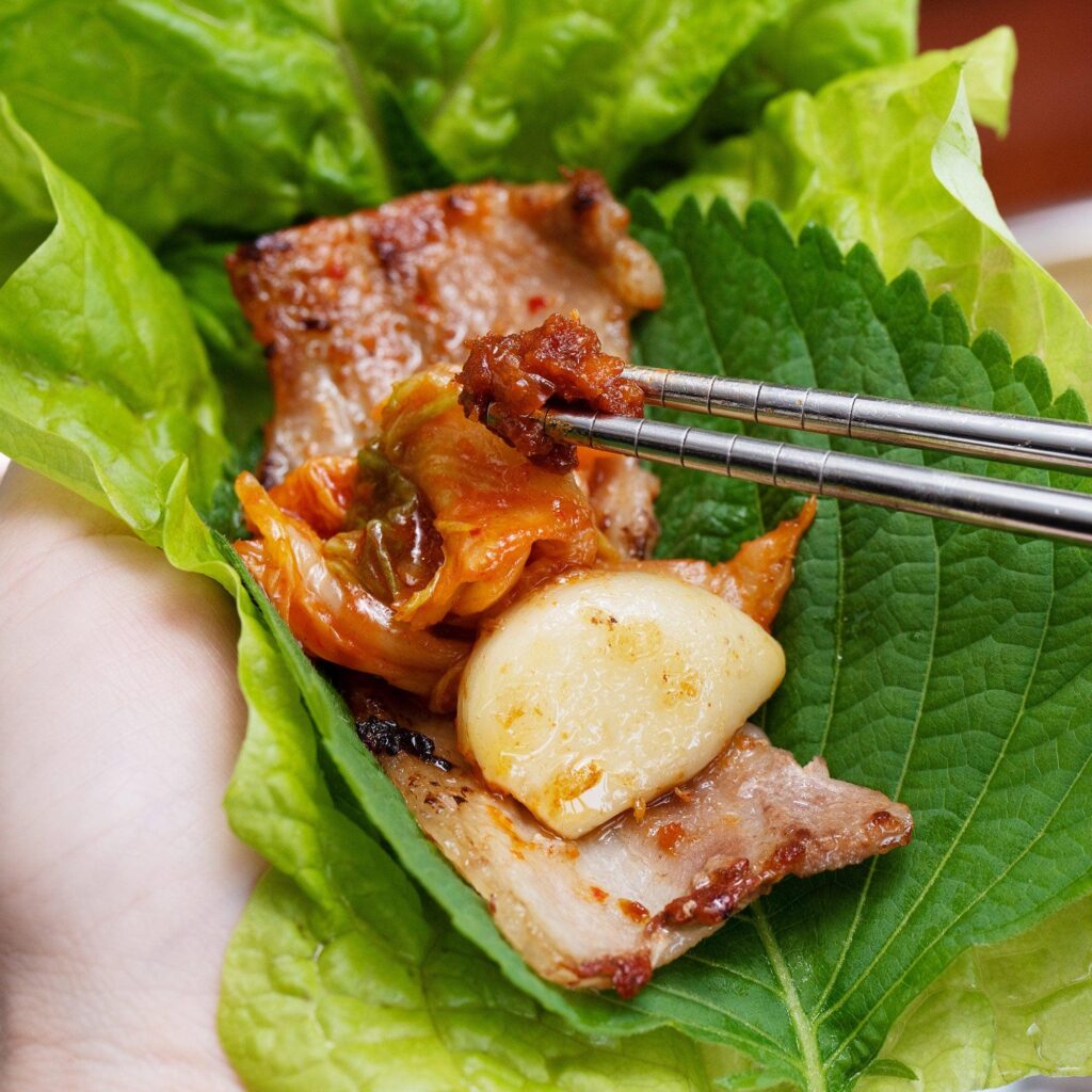 Korean BBQ meat wrapped in lettuce